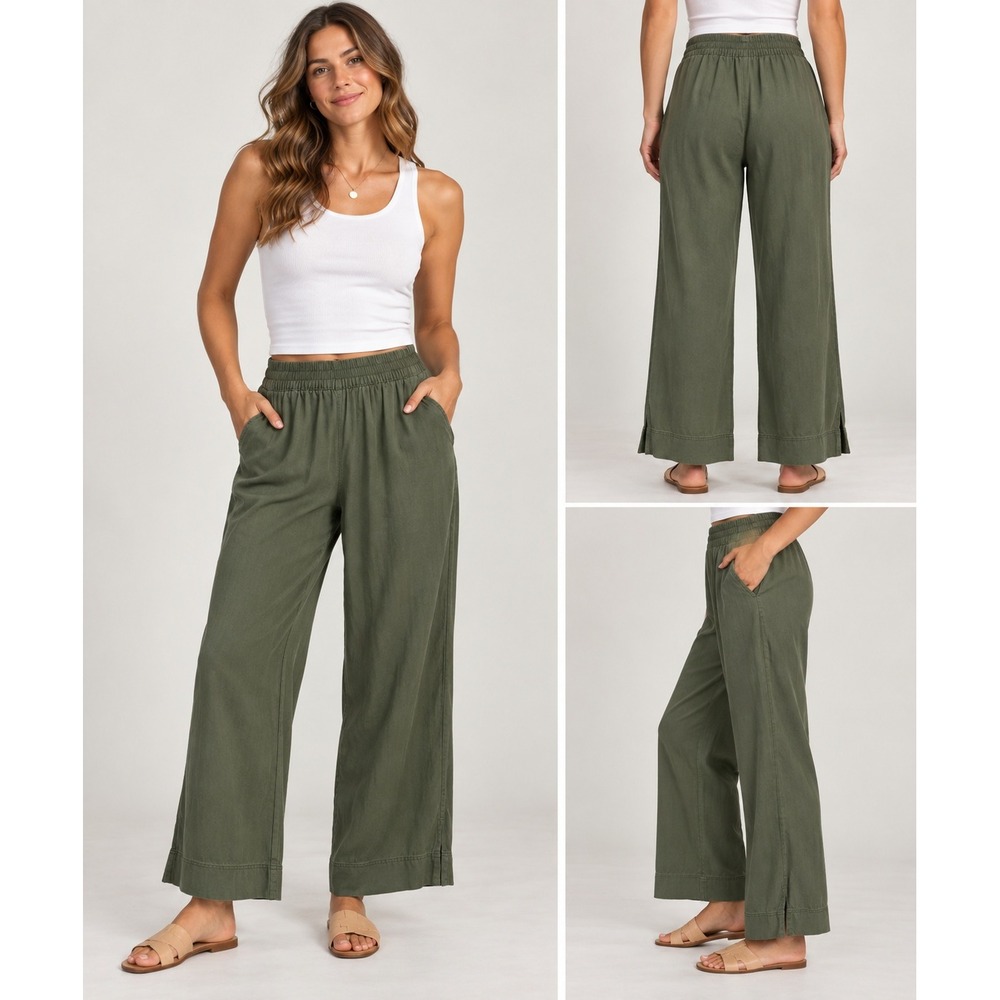 Old Navy Pants Womens M Petite Olive Green High Rise Wide Leg Linen Blend Casual